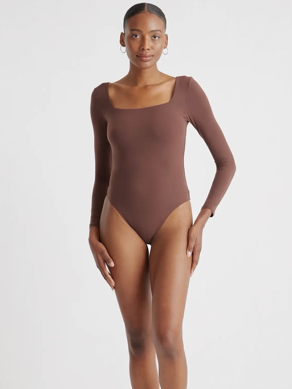Quince Second Skin Square Neck Long Sleeve Bodysuit Cocoa